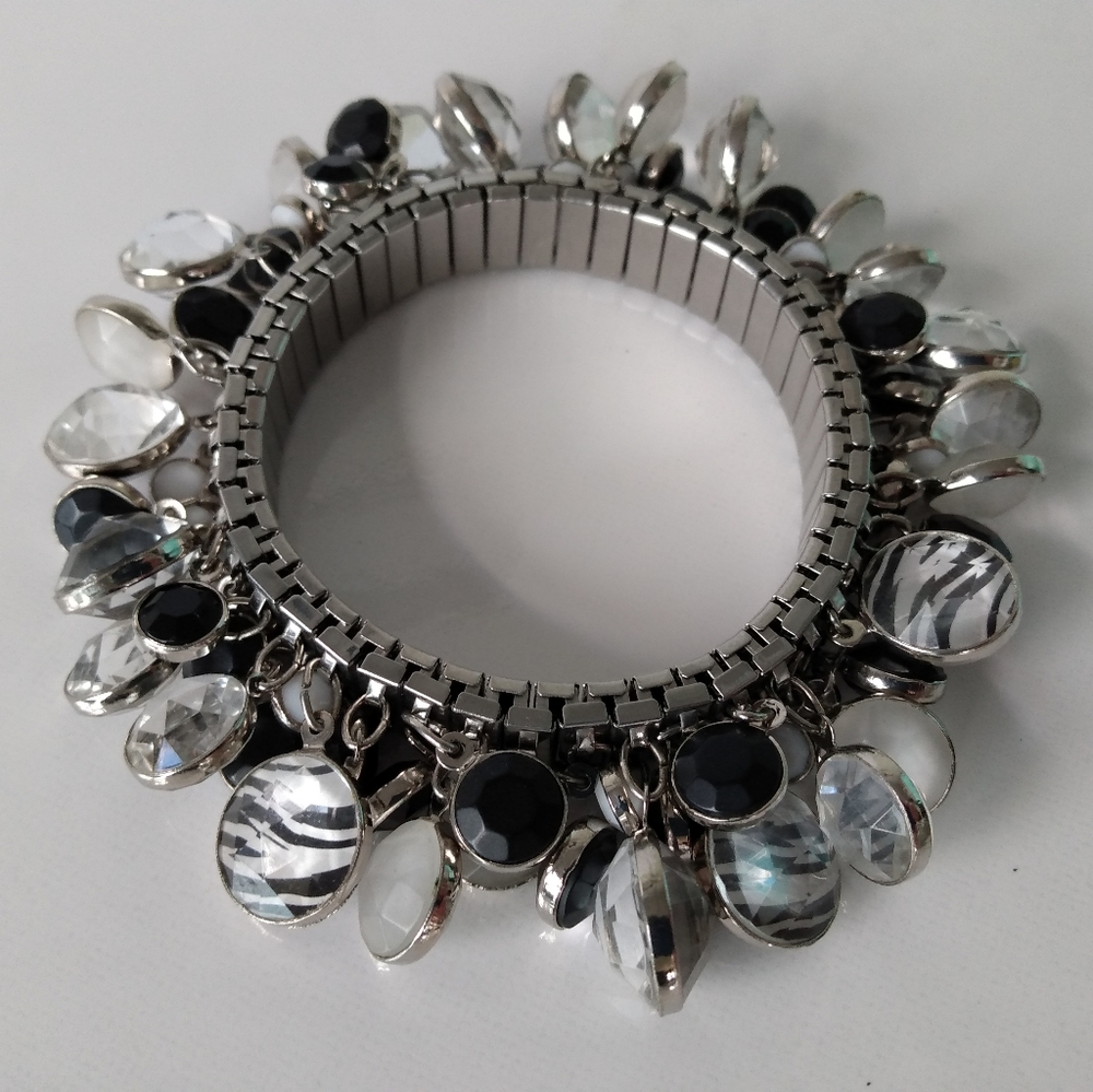 Vintage Cha Cha Bezel Set Metal Stretch Bracelet Zebra Striped Black & White